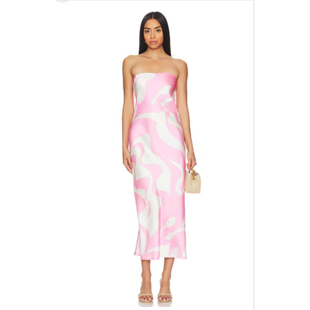 SNDYS Dress Womens Medium Pink Swirl Satin Strapless Slip Midi Party Wedding